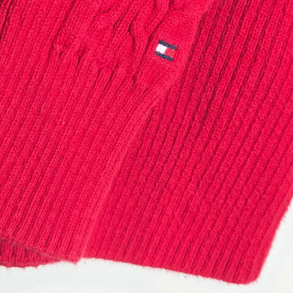 Y2K Tommy Hilfiger Cable Knit Sweater Pullover Top Red V Neck Women's Size Small